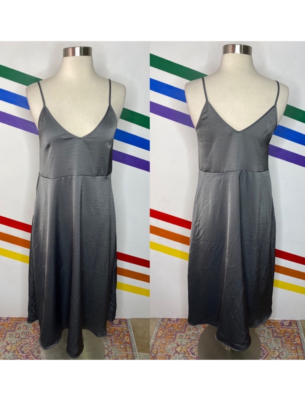 NEW Daily Practice by Anthropologie Gray Satin Slip Midi Dress XS